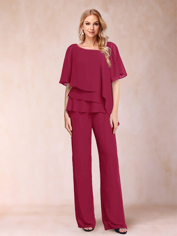 Chiffon V-Neck Half Sleeves 2 Pieces Pantsuits with Rhinestone