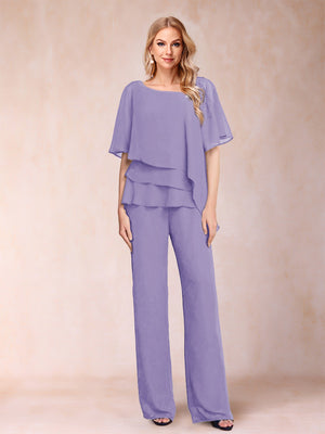 Chiffon V-Neck Half Sleeves 2 Pieces Pantsuits with Rhinestone