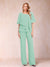 Chiffon V-Neck Half Sleeves 2 Pieces Pantsuits with Rhinestone