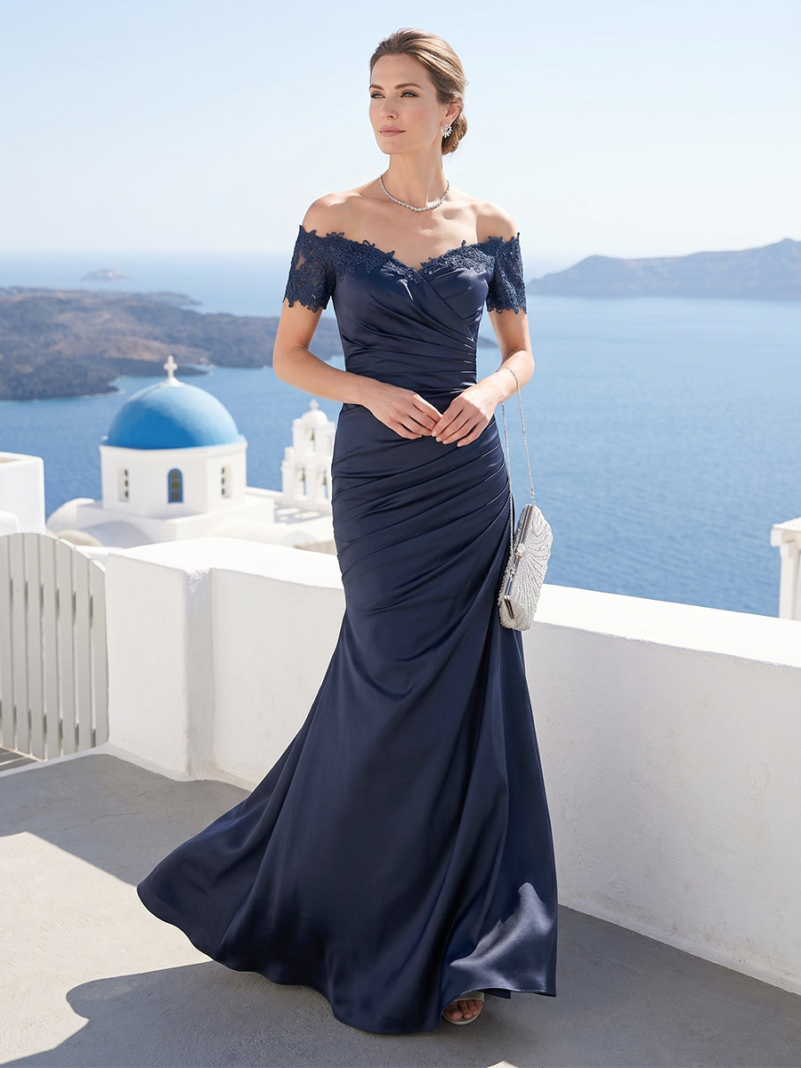 Off-the-Shoulder Mother of the Bride Dresses Chic Ruched Trumpet/Mermaid Short Sleeves Long Formal Evening Gowns with Appliques