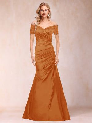 burnt orange mother of bride dress Lavetir Burnt Orange Trumpet/Mermaid Off-the-Shoulder Short Sleeves Mother of the Bride Dresses Applique 2026