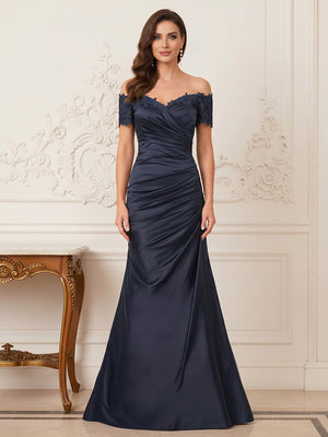 Trumpet/Mermaid Off-the-Shoulder Short Sleeves Sweep Train Mother of the Bride Dresses With Applique