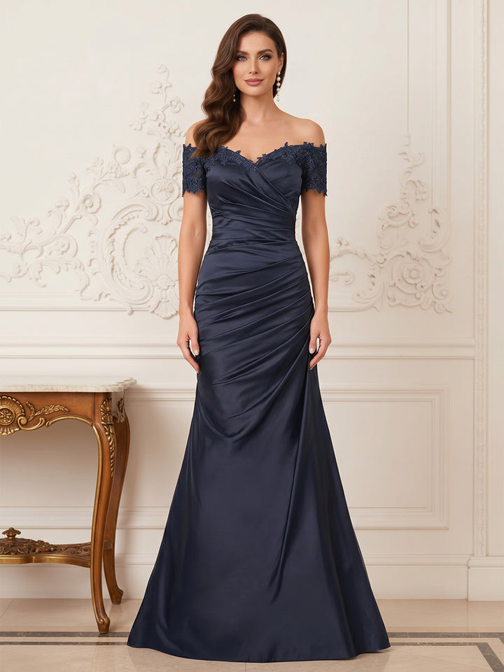 Trumpet/Mermaid Off-the-Shoulder Short Sleeves Sweep Train Mother of the Bride Dresses With Applique
