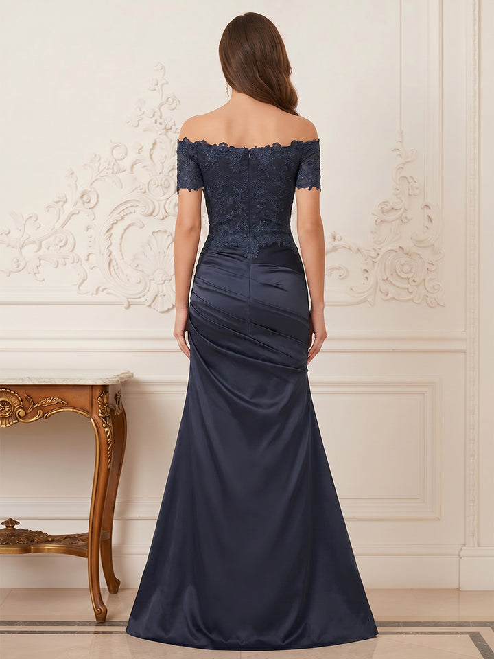 Trumpet/Mermaid Off-the-Shoulder Short Sleeves Sweep Train Mother of the Bride Dresses With Applique