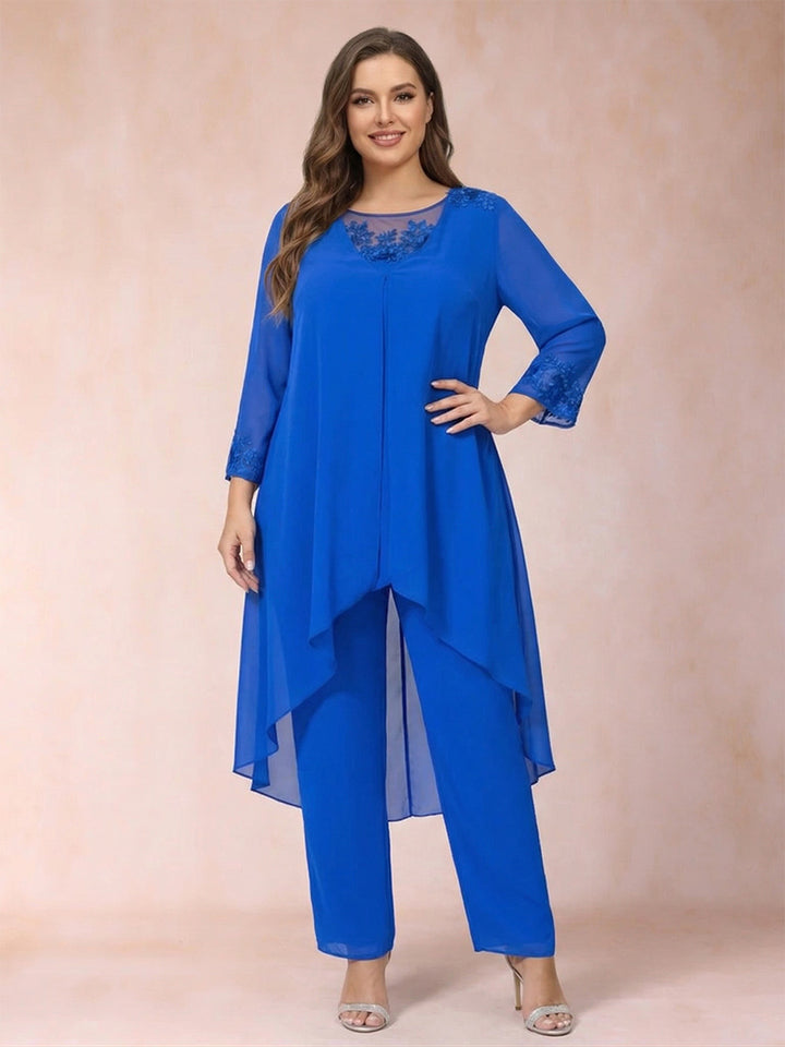 Chiffon Scoop 3/4 Sleeves 3 Pieces Pantsuits with Applique &amp; Jacket