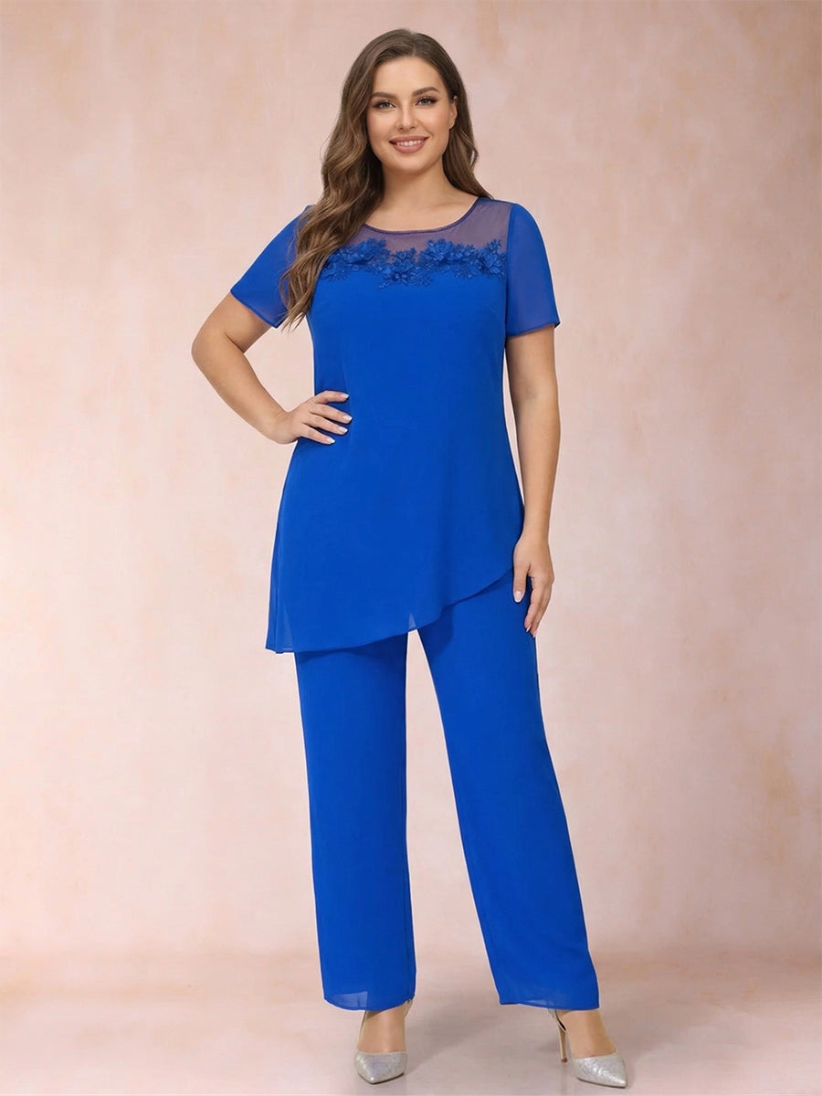 Chiffon Scoop 3/4 Sleeves 3 Pieces Pantsuits with Applique &amp; Jacket