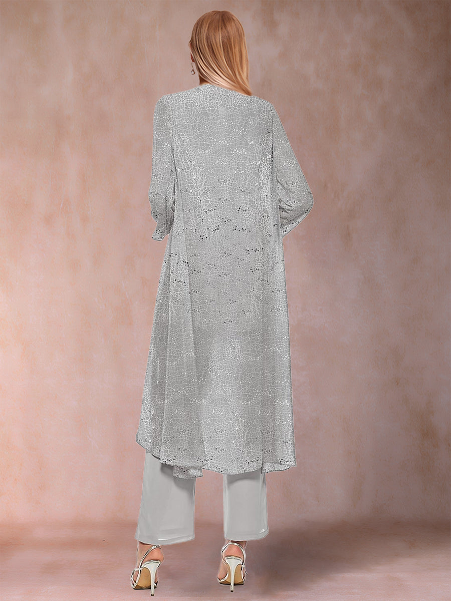 Chiffon Scoop Long Sleeves 3 Pieces Pantsuits with Sequins &amp; Jacket