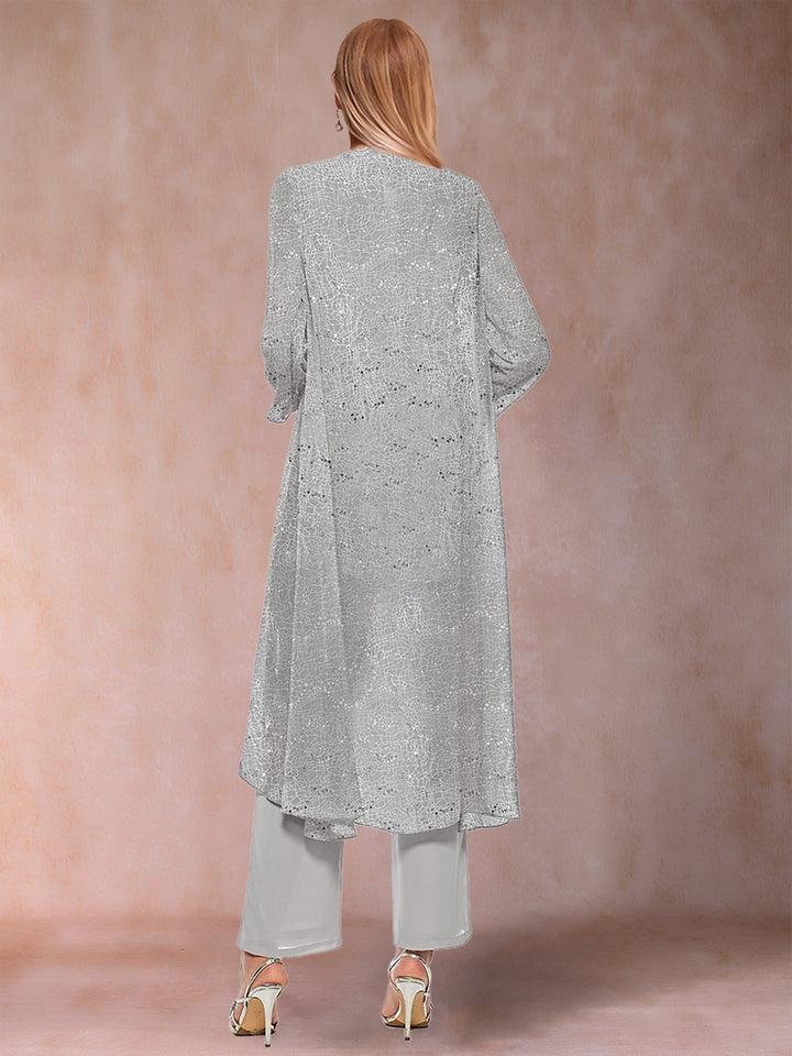 Chiffon Scoop Long Sleeves 3 Pieces Pantsuits with Sequins &amp; Jacket