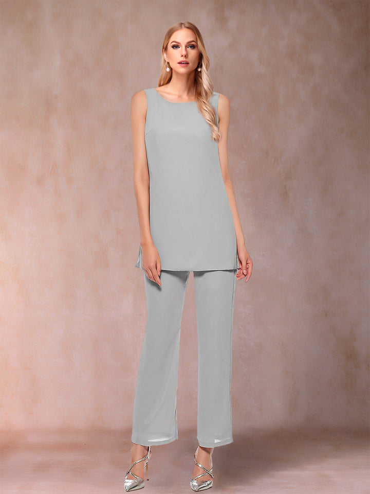 Chiffon Scoop Long Sleeves 3 Pieces Pantsuits with Sequins &amp; Jacket