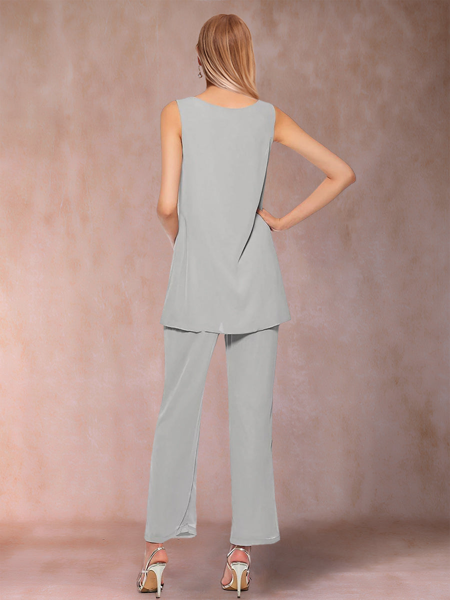 Chiffon Scoop Long Sleeves 3 Pieces Pantsuits with Sequins &amp; Jacket