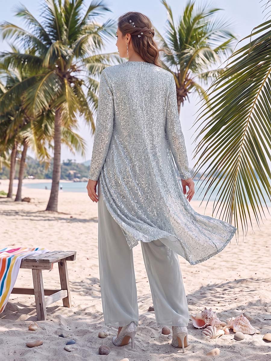 Chiffon Scoop Long Sleeves Floor-Length 3 Pieces Pantsuits with Sequins &amp; Jacket