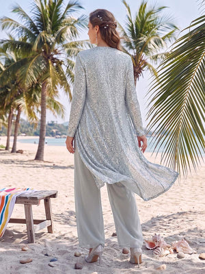 Chiffon Scoop Long Sleeves Floor-Length 3 Pieces Pantsuits with Sequins & Jacket