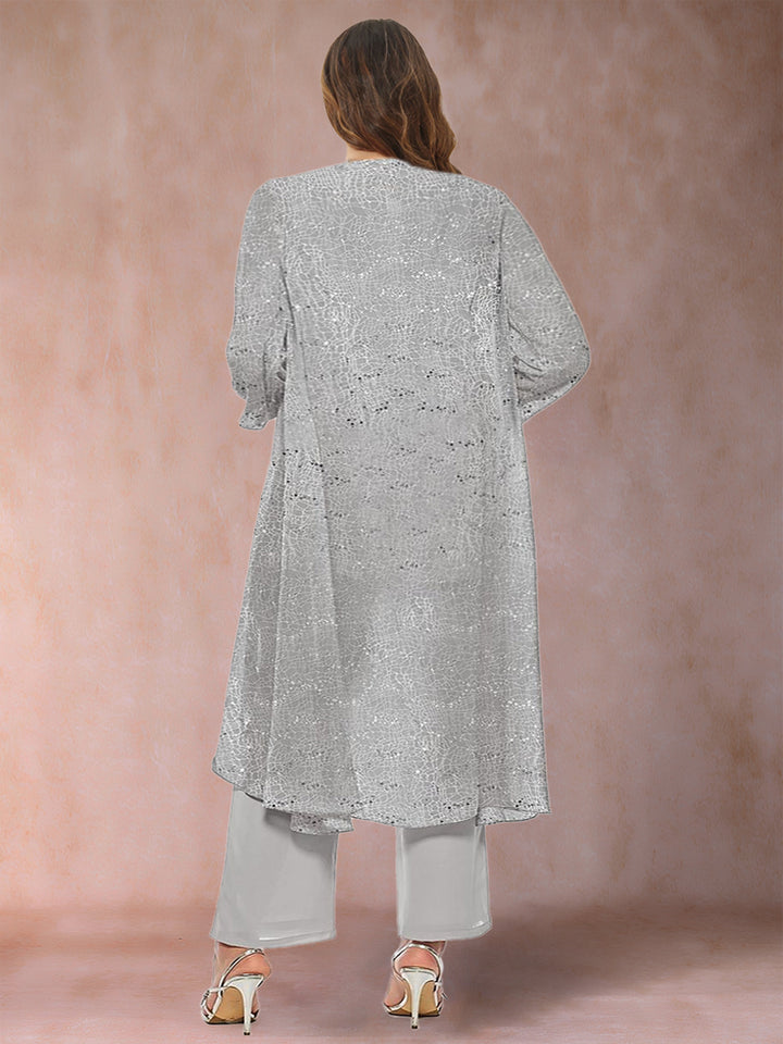 Chiffon Scoop Long Sleeves 3 Pieces Plus Size Pantsuits with Sequins &amp; Jacket