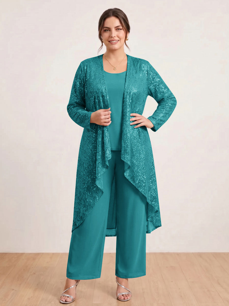 Chiffon Scoop Long Sleeves 3 Pieces Plus Size Pantsuits with Sequins &amp; Jacket