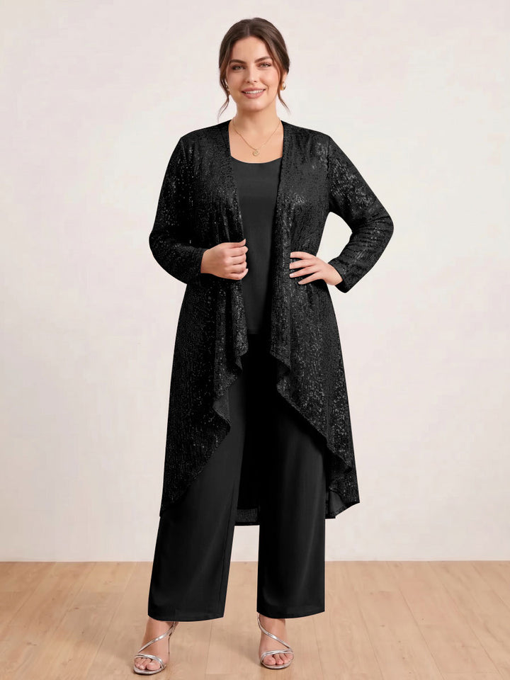 Chiffon Scoop Long Sleeves 3 Pieces Plus Size Pantsuits with Sequins &amp; Jacket