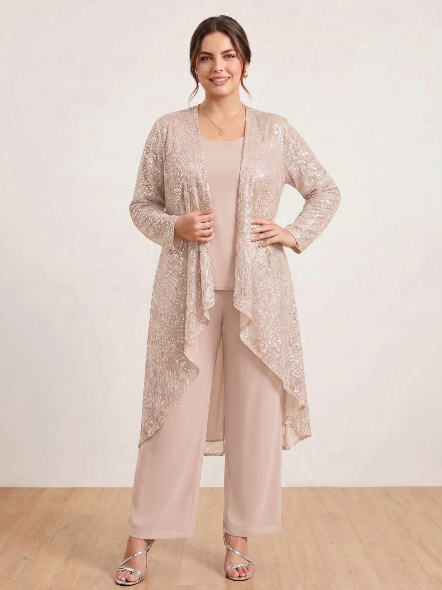 Chiffon Scoop Long Sleeves 3 Pieces Plus Size Pantsuits with Sequins &amp; Jacket