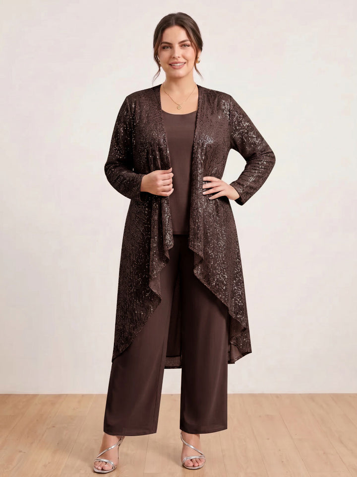 Chiffon Scoop Long Sleeves 3 Pieces Plus Size Pantsuits with Sequins &amp; Jacket