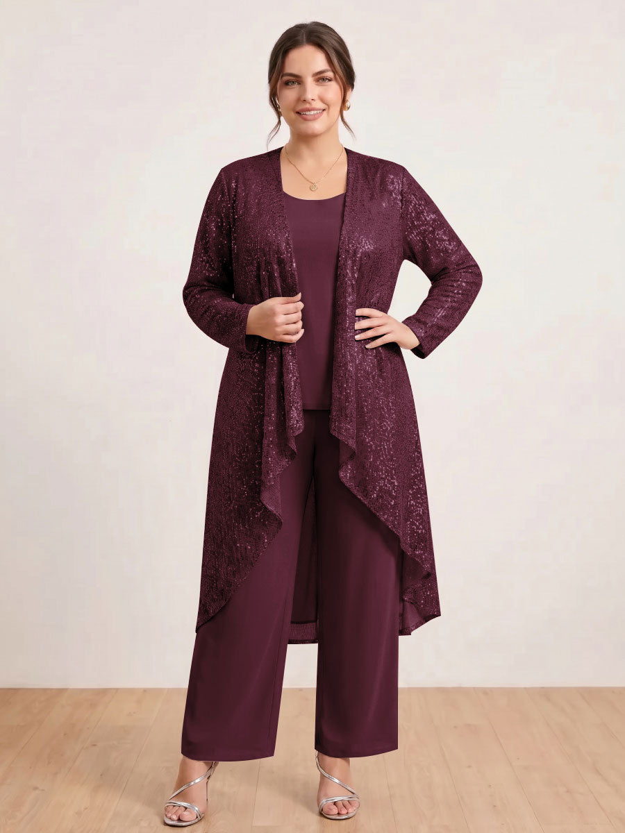 Chiffon Scoop Long Sleeves 3 Pieces Plus Size Pantsuits with Sequins &amp; Jacket