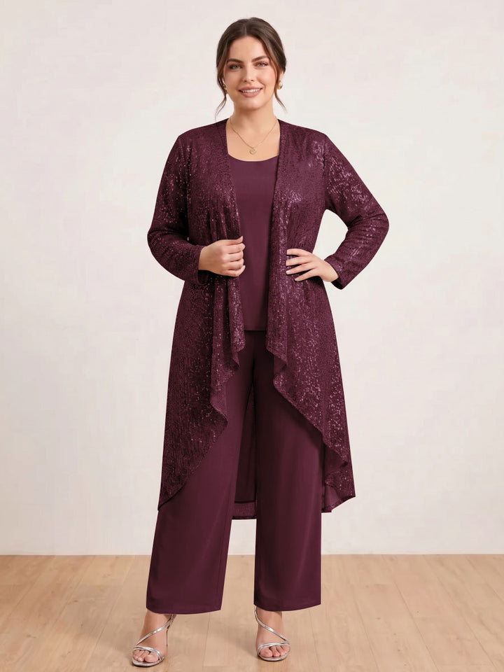 Chiffon Scoop Long Sleeves 3 Pieces Plus Size Pantsuits with Sequins &amp; Jacket