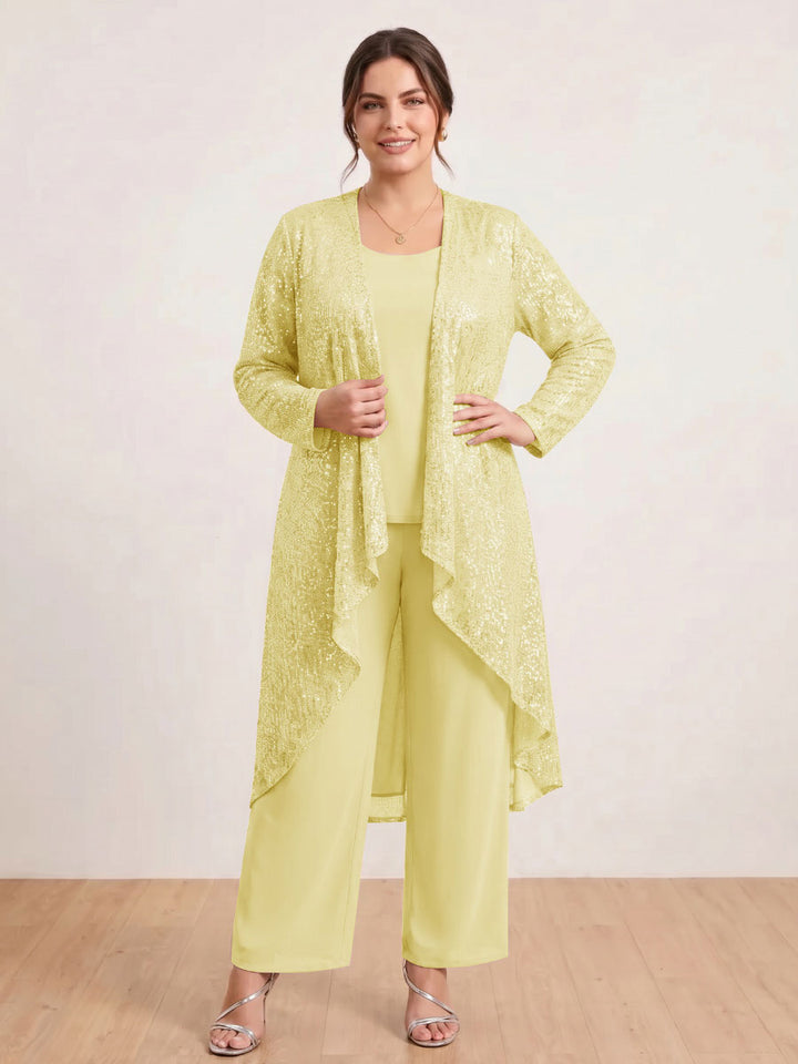 Chiffon Scoop Long Sleeves 3 Pieces Plus Size Pantsuits with Sequins &amp; Jacket