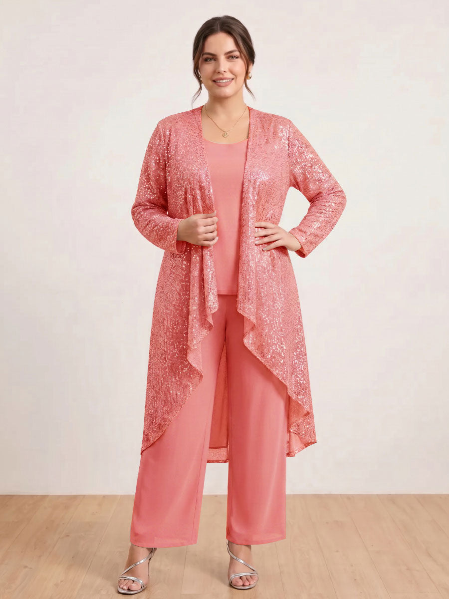 Chiffon Scoop Long Sleeves 3 Pieces Plus Size Pantsuits with Sequins &amp; Jacket