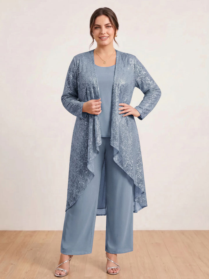 Chiffon Scoop Long Sleeves 3 Pieces Plus Size Pantsuits with Sequins &amp; Jacket