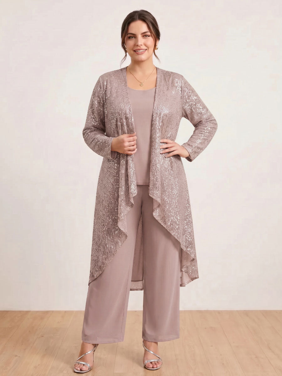 Chiffon Scoop Long Sleeves 3 Pieces Plus Size Pantsuits with Sequins &amp; Jacket