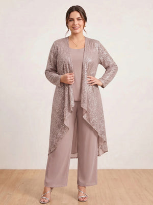 Chiffon Scoop Long Sleeves 3 Pieces Plus Size Pantsuits with Sequins & Jacket