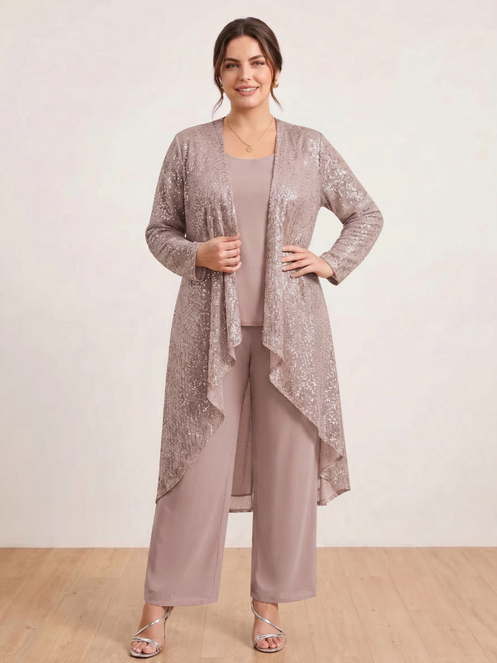 Chiffon Scoop Long Sleeves 3 Pieces Plus Size Pantsuits with Sequins &amp; Jacket