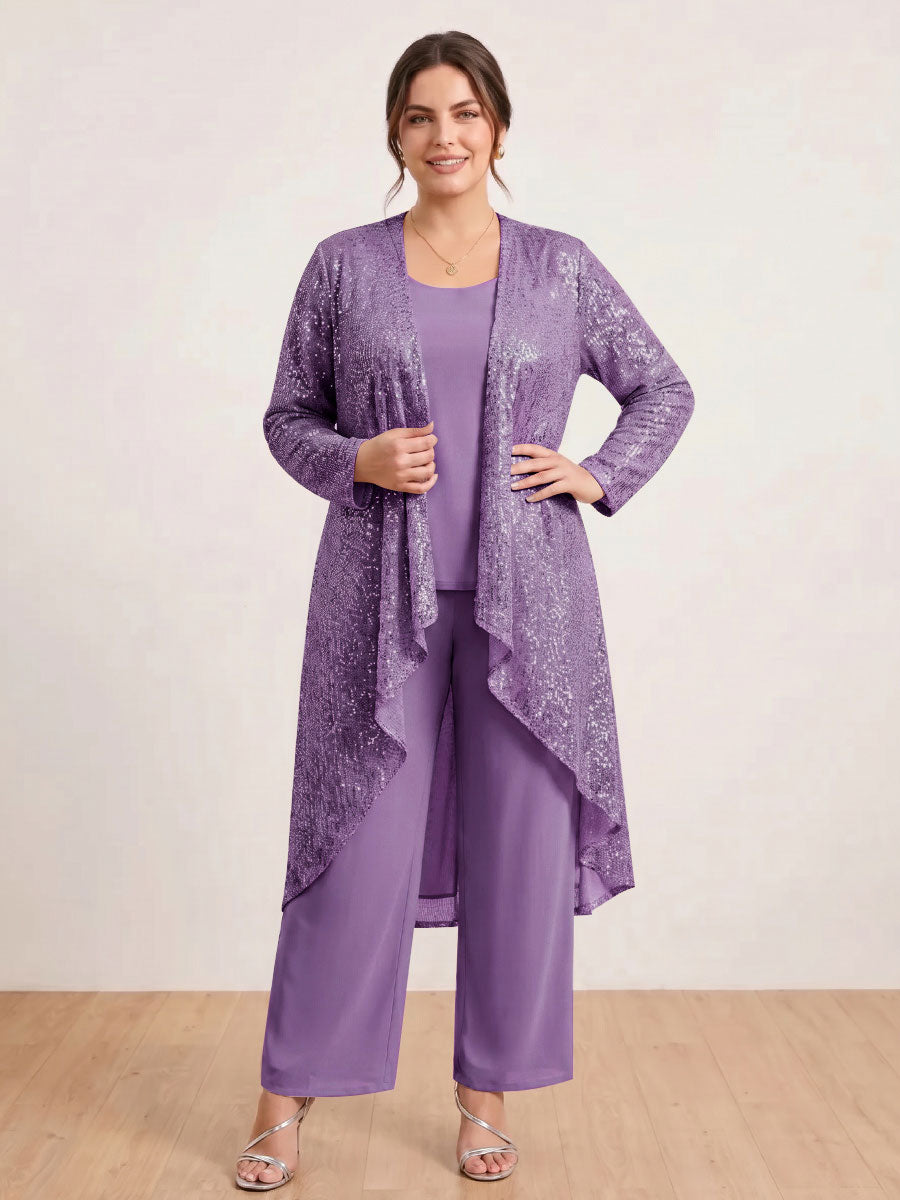 Chiffon Scoop Long Sleeves 3 Pieces Plus Size Pantsuits with Sequins &amp; Jacket