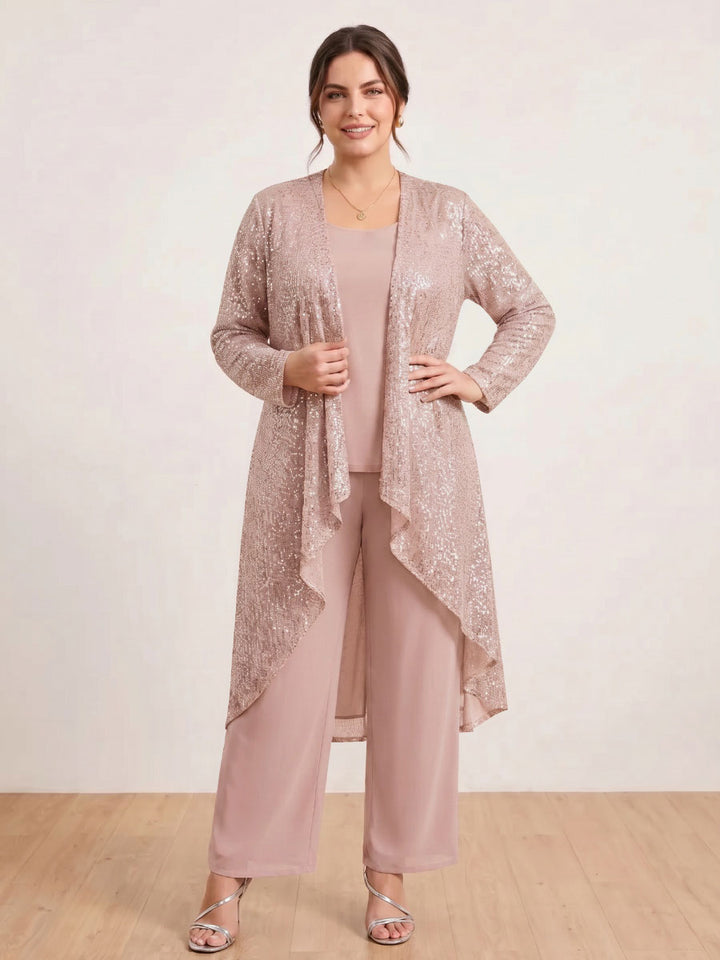 Chiffon Scoop Long Sleeves 3 Pieces Plus Size Pantsuits with Sequins &amp; Jacket