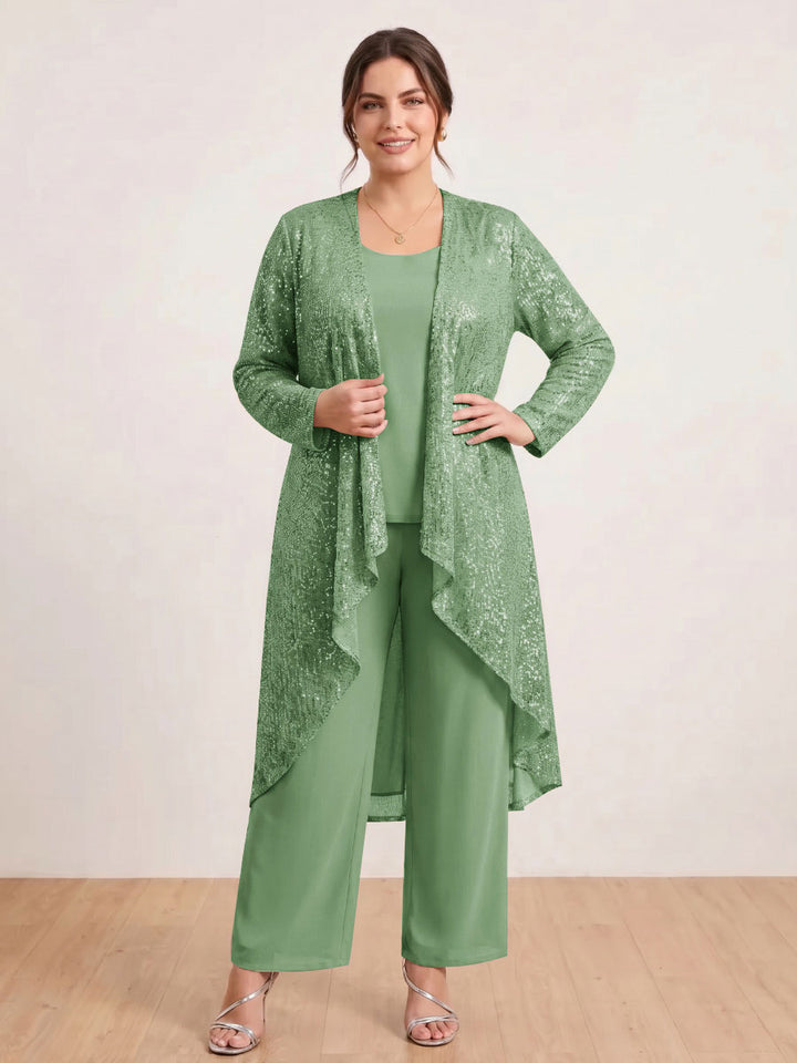 Chiffon Scoop Long Sleeves 3 Pieces Plus Size Pantsuits with Sequins &amp; Jacket