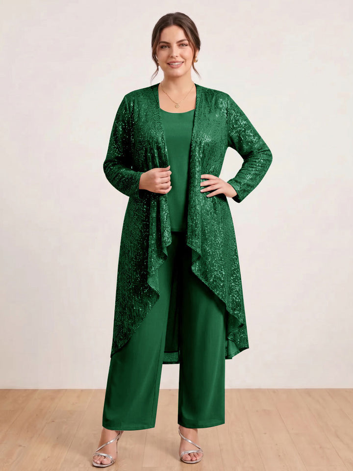 Chiffon Scoop Long Sleeves 3 Pieces Plus Size Pantsuits with Sequins &amp; Jacket