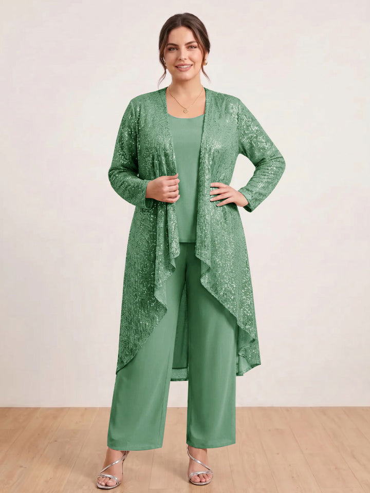 Chiffon Scoop Long Sleeves 3 Pieces Plus Size Pantsuits with Sequins &amp; Jacket