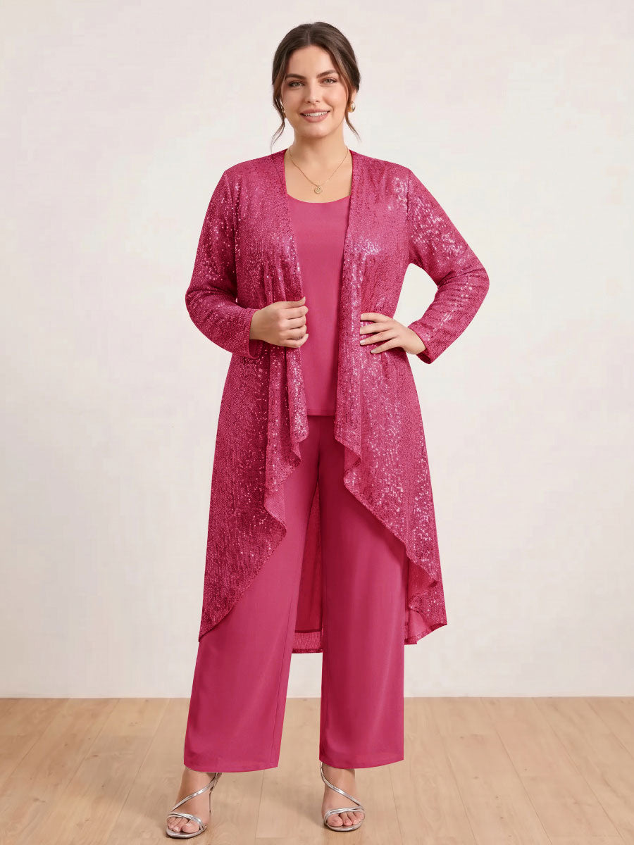 Chiffon Scoop Long Sleeves 3 Pieces Plus Size Pantsuits with Sequins &amp; Jacket