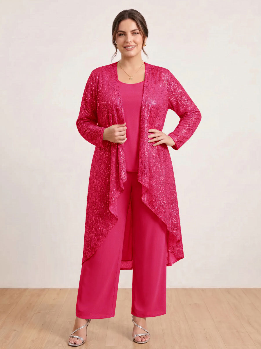 Chiffon Scoop Long Sleeves 3 Pieces Plus Size Pantsuits with Sequins &amp; Jacket
