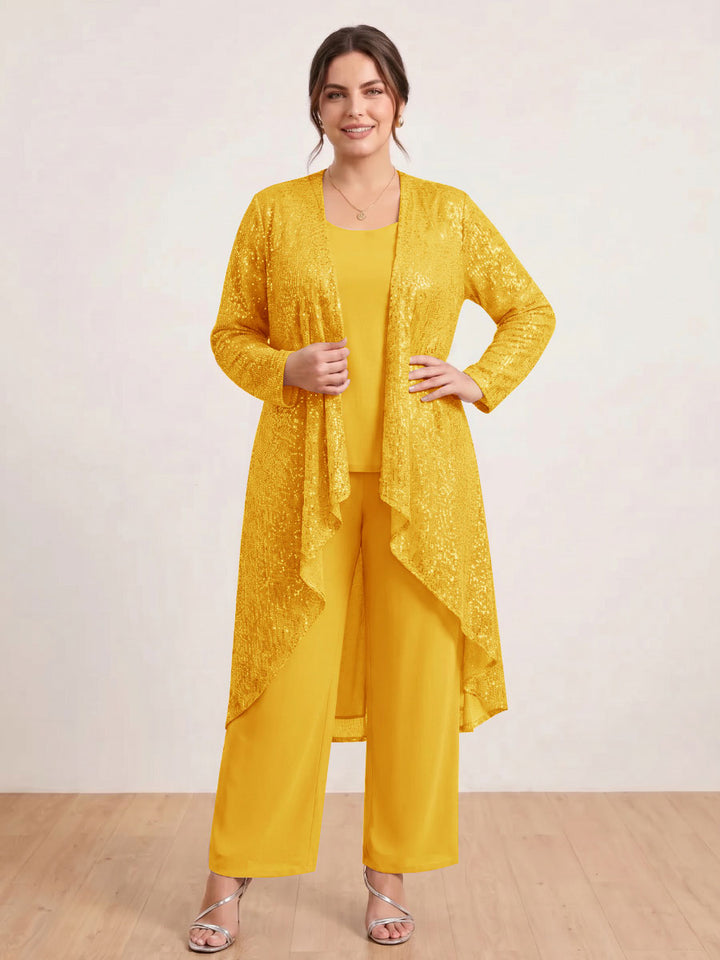 Chiffon Scoop Long Sleeves 3 Pieces Plus Size Pantsuits with Sequins &amp; Jacket
