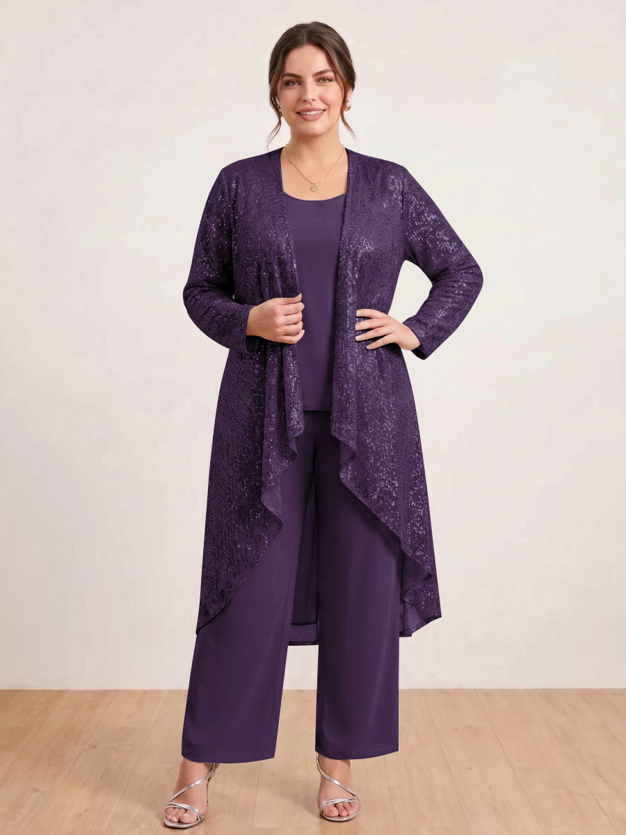 Chiffon Scoop Long Sleeves 3 Pieces Plus Size Pantsuits with Sequins &amp; Jacket