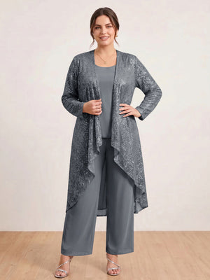 Chiffon Scoop Long Sleeves 3 Pieces Plus Size Pantsuits with Sequins & Jacket
