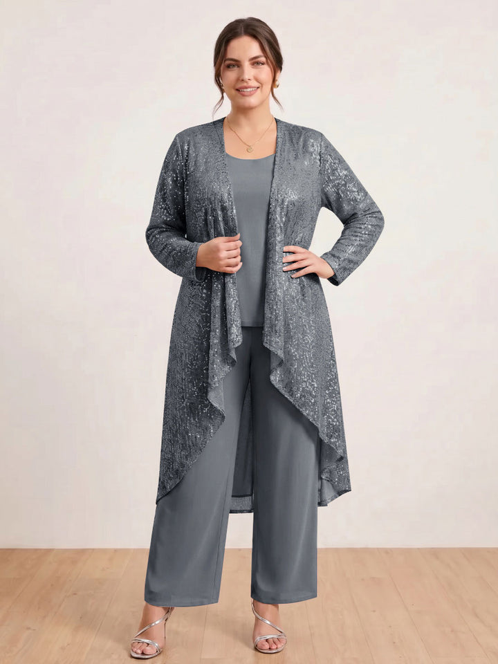 Chiffon Scoop Long Sleeves 3 Pieces Plus Size Pantsuits with Sequins &amp; Jacket