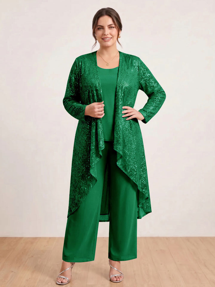 Chiffon Scoop Long Sleeves 3 Pieces Plus Size Pantsuits with Sequins &amp; Jacket