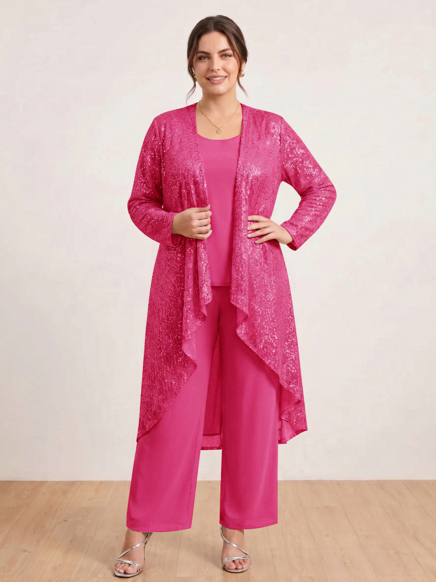 Chiffon Scoop Long Sleeves 3 Pieces Plus Size Pantsuits with Sequins &amp; Jacket