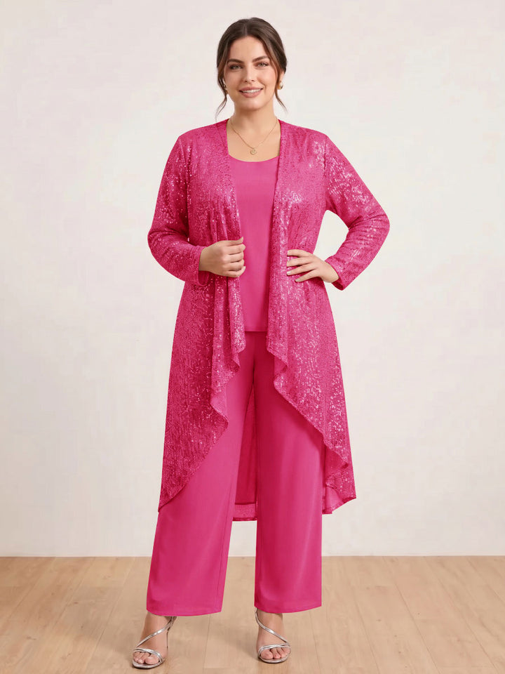 Chiffon Scoop Long Sleeves 3 Pieces Plus Size Pantsuits with Sequins &amp; Jacket