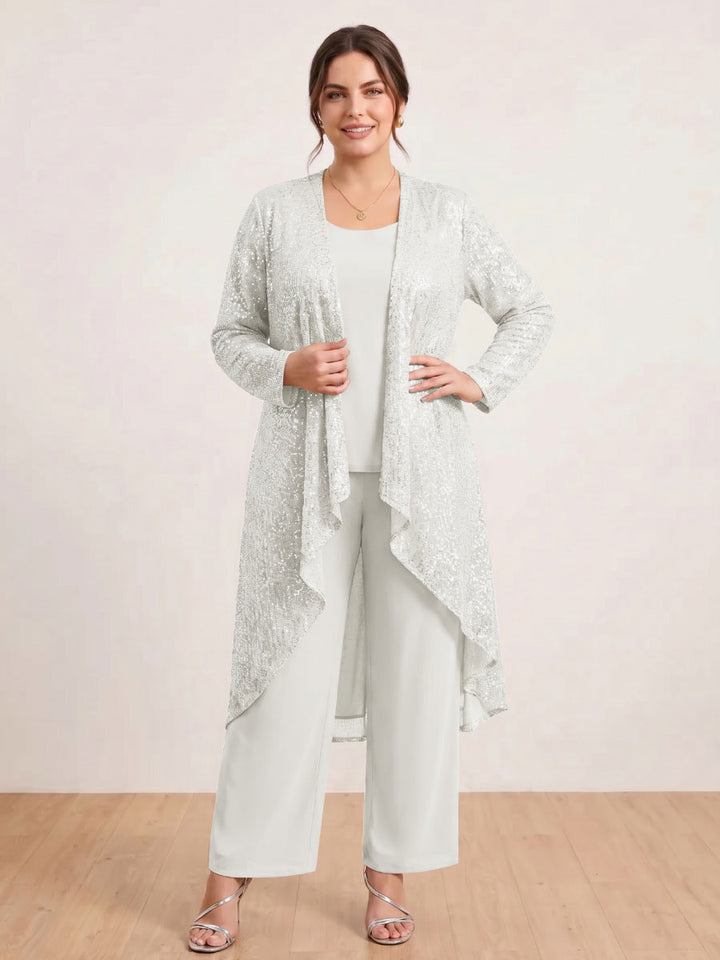 Chiffon Scoop Long Sleeves 3 Pieces Plus Size Pantsuits with Sequins &amp; Jacket
