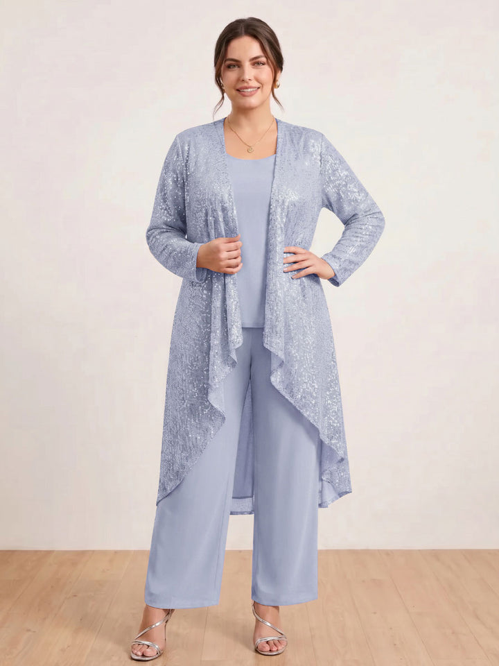 Chiffon Scoop Long Sleeves 3 Pieces Plus Size Pantsuits with Sequins &amp; Jacket