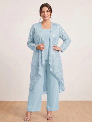 Chiffon Scoop Long Sleeves 3 Pieces Plus Size Pantsuits with Sequins & Jacket