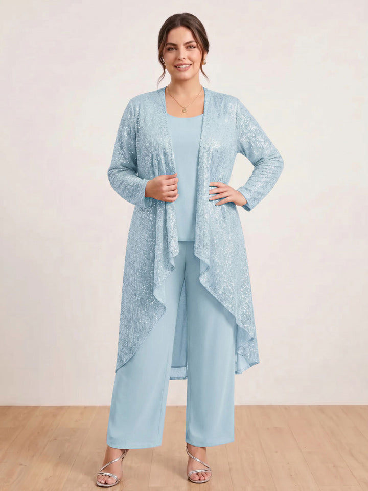 Chiffon Scoop Long Sleeves 3 Pieces Plus Size Pantsuits with Sequins &amp; Jacket