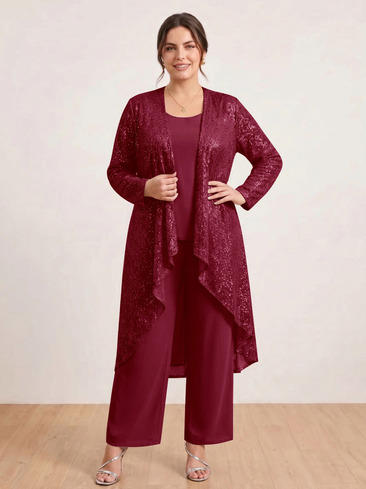 Chiffon Scoop Long Sleeves 3 Pieces Plus Size Pantsuits with Sequins &amp; Jacket