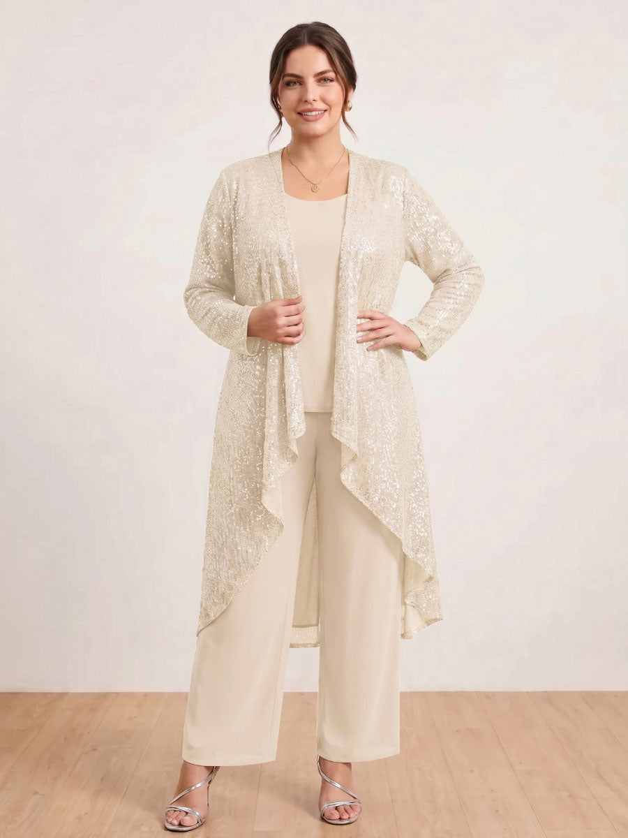 Chiffon Scoop Long Sleeves 3 Pieces Plus Size Pantsuits with Sequins &amp; Jacket