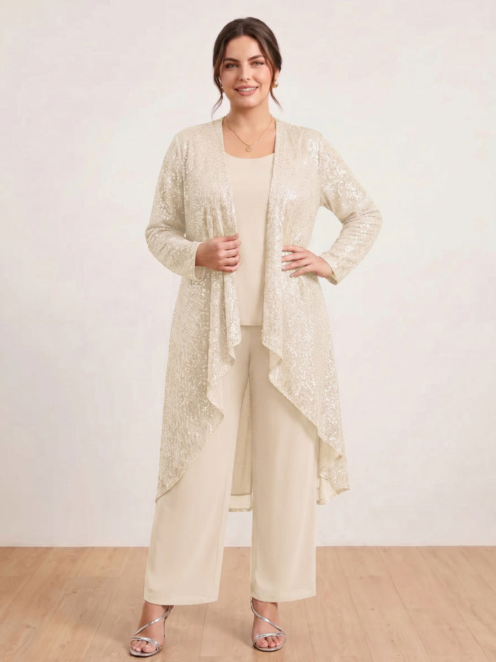 Chiffon Scoop Long Sleeves 3 Pieces Plus Size Pantsuits with Sequins &amp; Jacket